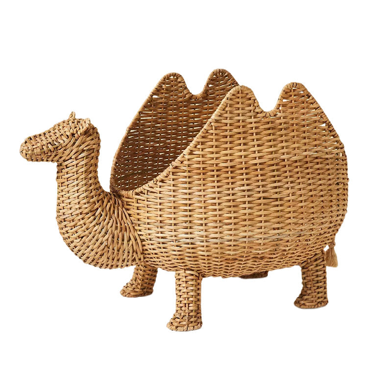Handgemaakte geweven dierenkameel decoratie rotan mand met deksel cartoon speelgoed opbergdoos organizer rotan mand