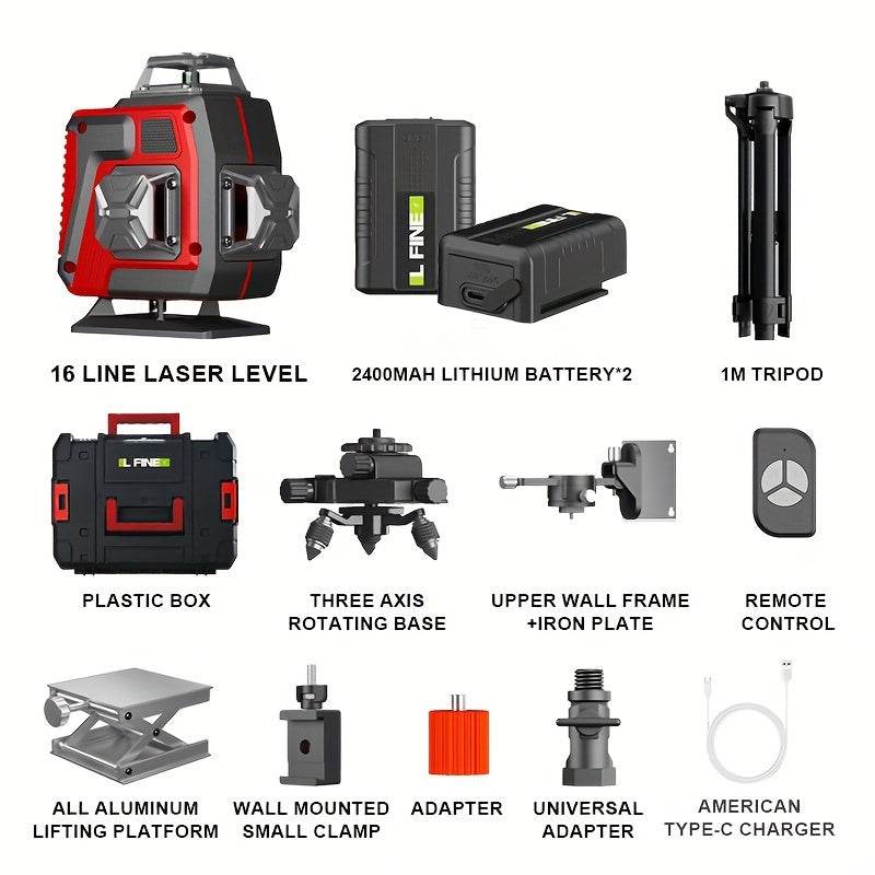 16 Lines 4D Laser Level Green Line SelfLeveling 360 Horizontal And Vertical Remote Control Green Beam Laser Levels 2pcs Battery - Quality Shopping Centre