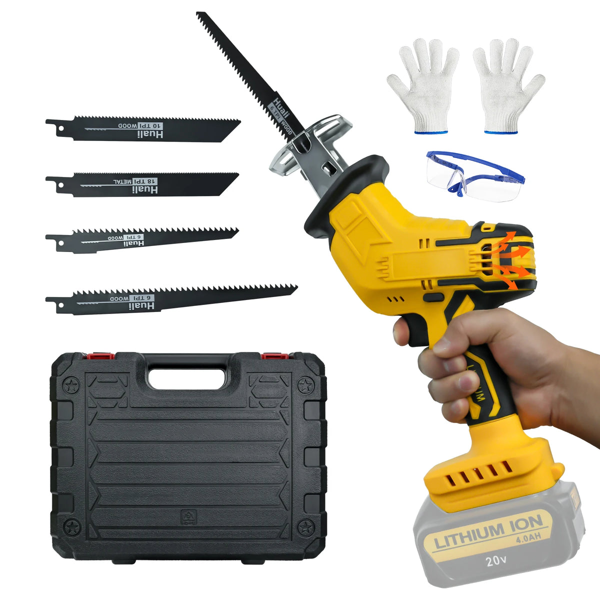Elektrische reciprozaag 0-3000 SPM, snoerloze zaagmachine voor het zagen van hout, metaal en kunststof, compatibel met 18V/20V accu's van Dewalt/Milwaukee/Makita