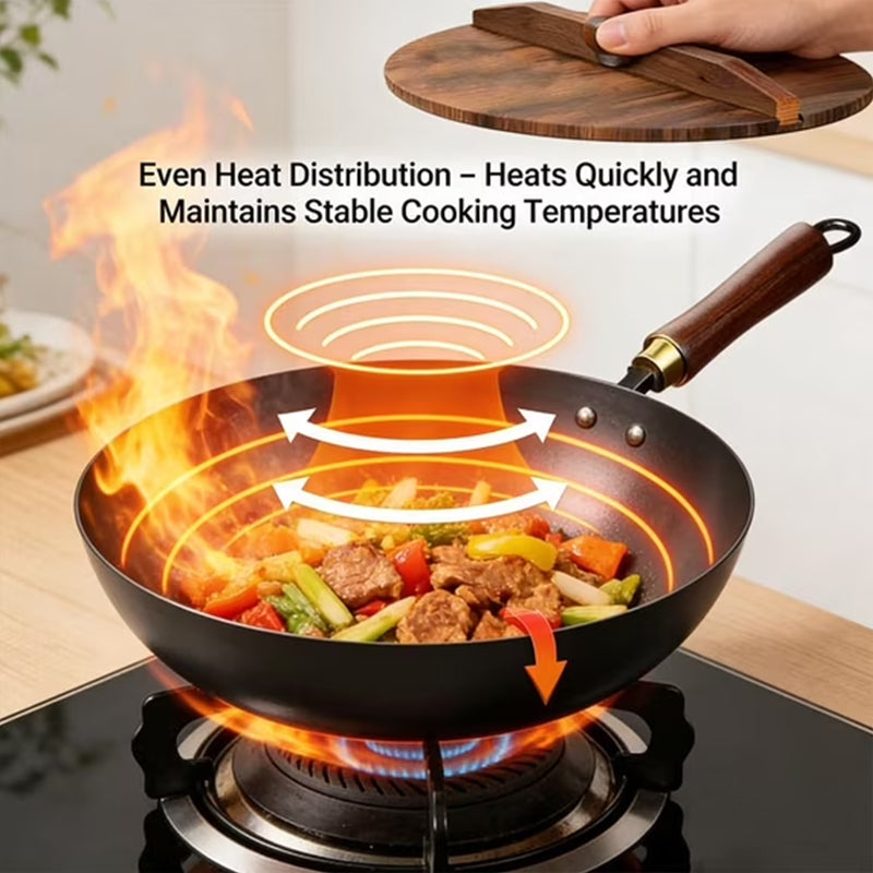 Handgesmede ijzeren wok 24/28cm ongecoat met houten deksel voor inductie gas