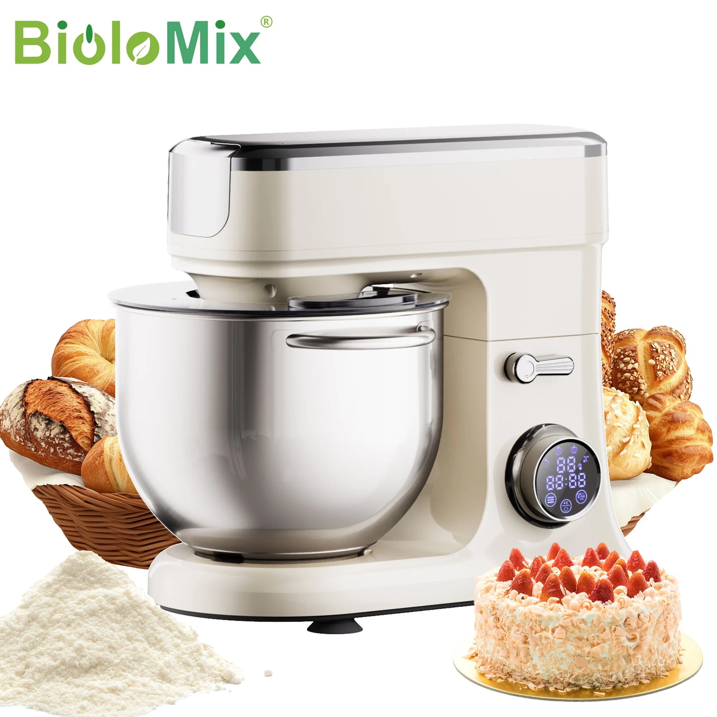 BioloMix 7L Food Mixers for Baking, 1200W DC Motor Stand Mixer, with Dough Hook, Whisk & Beater, Meat Grinder Attachment