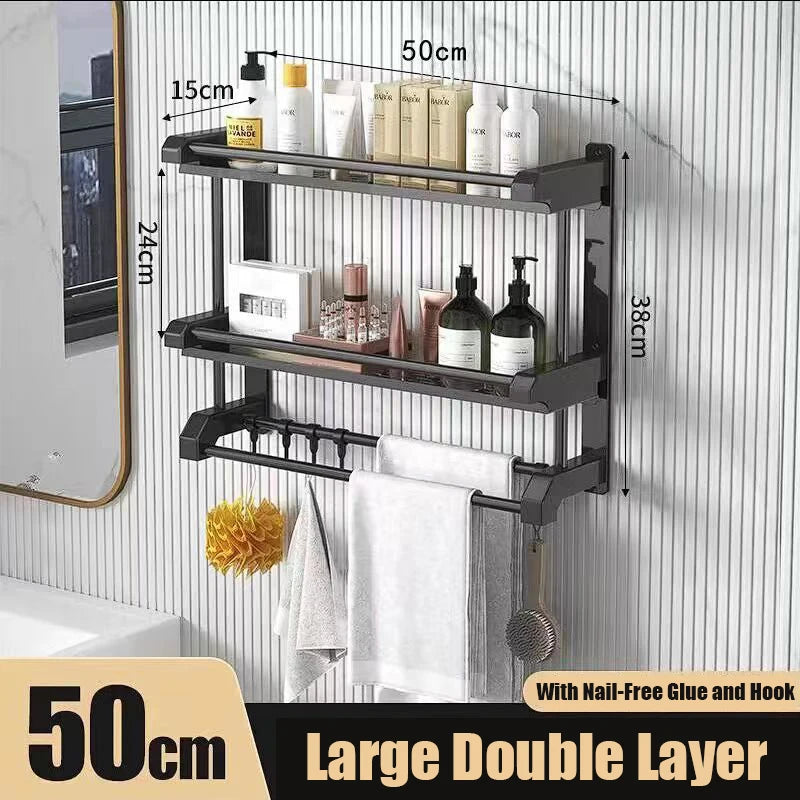 Bathroom Organizer and Storage,2 Layers Bathroom Shelves with Hooks,Bathroom Towel Bar Shelf,Wall Mounted Storage Shelf (Black)