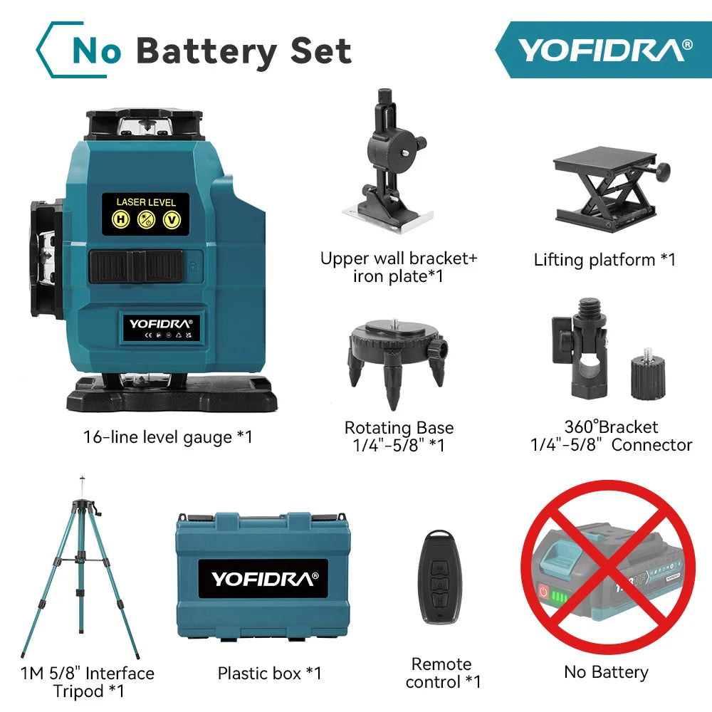 YOFIDRA 16 Lijnen 4D Laserwaterpas Zelfnivellerend 360° Horizontaal Verticaal Nivelleergereedschap met 1M Statief voor Makita 18V Accu Pin
