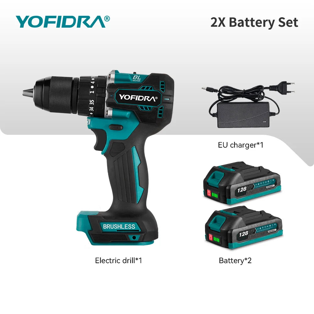 YOFIDRA 13MM Borstelloze Elektrische Slagboormachine 35+3 Koppel Snoerloze Houtbewerkingsschroevendraaier Elektrisch Gereedschap voor Makita Accu Pin