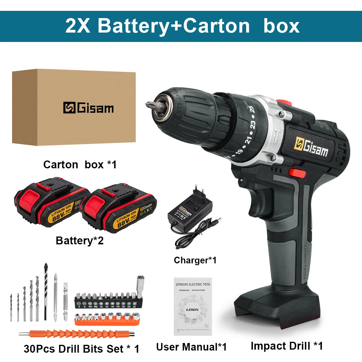 Gisam Tournevis électrique sans fil 25+3 couple, perceuse électrique multifonction, outils électroportatifs pour bricolage à domicile, batterie lithium-ion