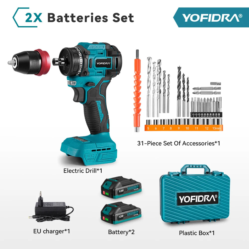YOFIDRA 2-in-1 borstelloze elektrische schroevendraaier handboormachine met zeskantopname, huishoudelijke elektrische gereedschapsset voor Makita-accu