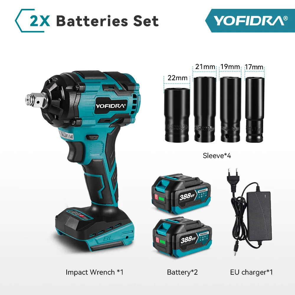 YOFIDRA Boulonneuse à chocs électrique sans fil 1/2" 1000 N.m, clé à chocs portative pour vissage automobile, ensemble avec douilles, compatible batterie Makita avec goupille