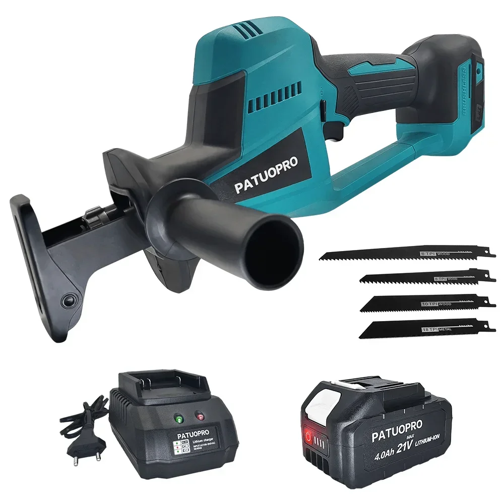 Borstelloze 22 mm draadloze oplaadbare reciprozaag met 4-delige zaagbladenset voor hout/metaal/pvc-snijder, geschikt voor Makita 18V-accu