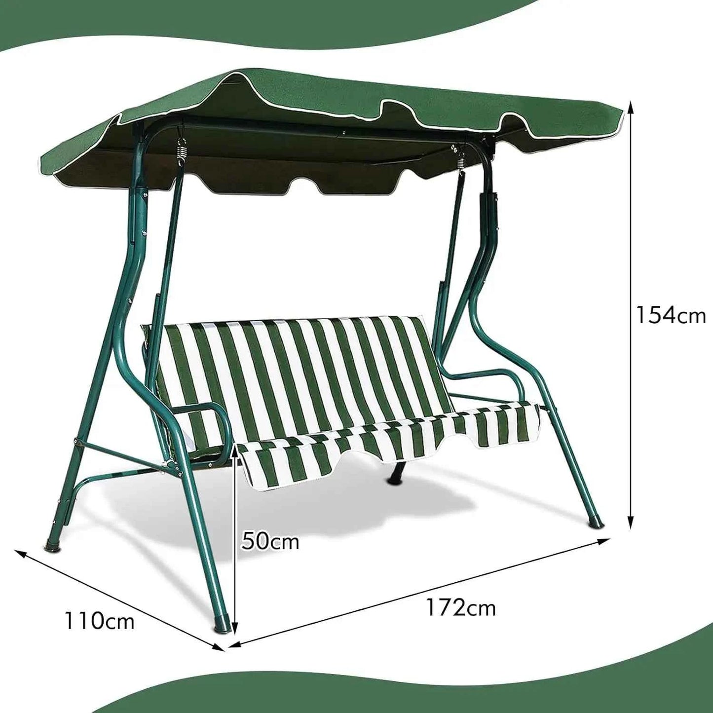 3 Seater Hollywood Swing Garden Swing with Adjustable Roof, Swing Bench, 172 x 110 x 154 cm (Green and White)
