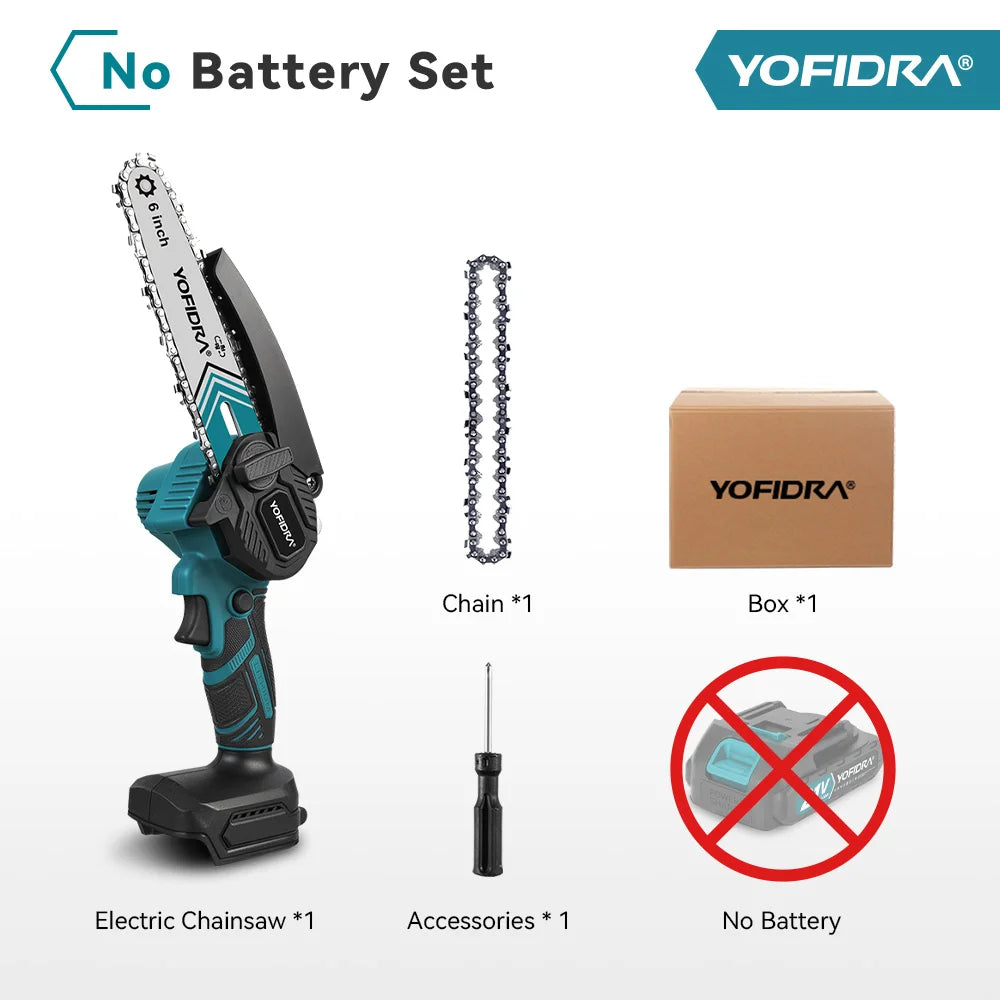 Tronçonneuse électrique portable YOFIDRA 30000 tr/min de 6 pouces, outil de coupe pour jardin et travail du bois, compatible avec batterie Makita 21V