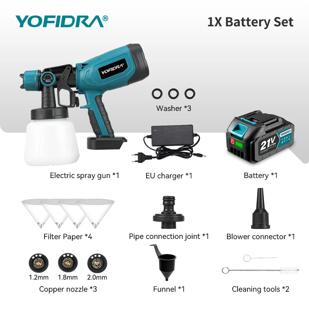 YOFIDRA 1000ML Elektrisch spuitpistool 66000RPM Snoerloze verfspuit Auto staalcoating airbrush elektrisch gereedschap voor Makita-accu