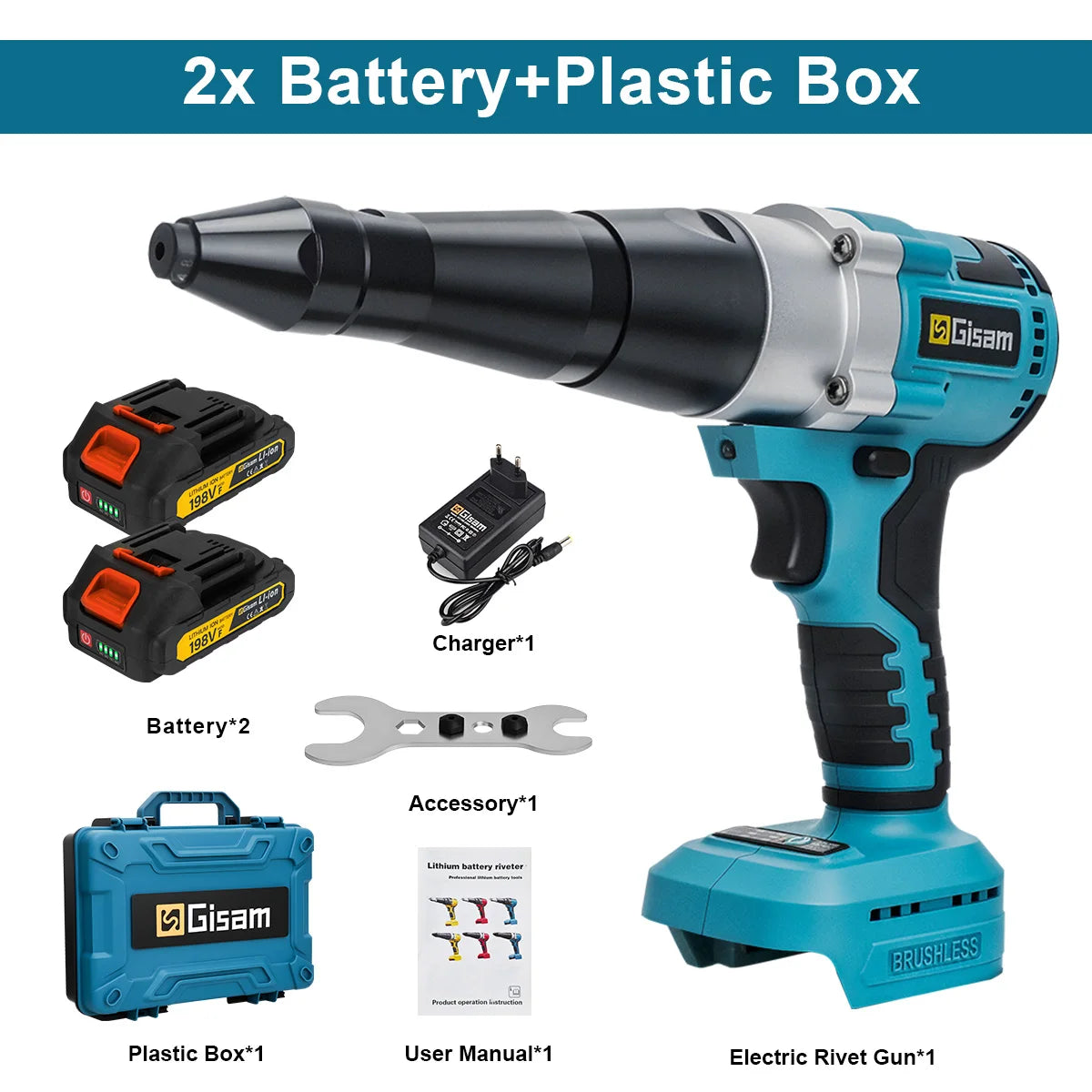 Gisam Borstelloos Elektrisch Klinkpistool 20000N Accu Klinknagelmoerpistool 2.4~4.8mm Boor-inzetstuk Elektrisch Gereedschap voor Makita 18V Accu Pins