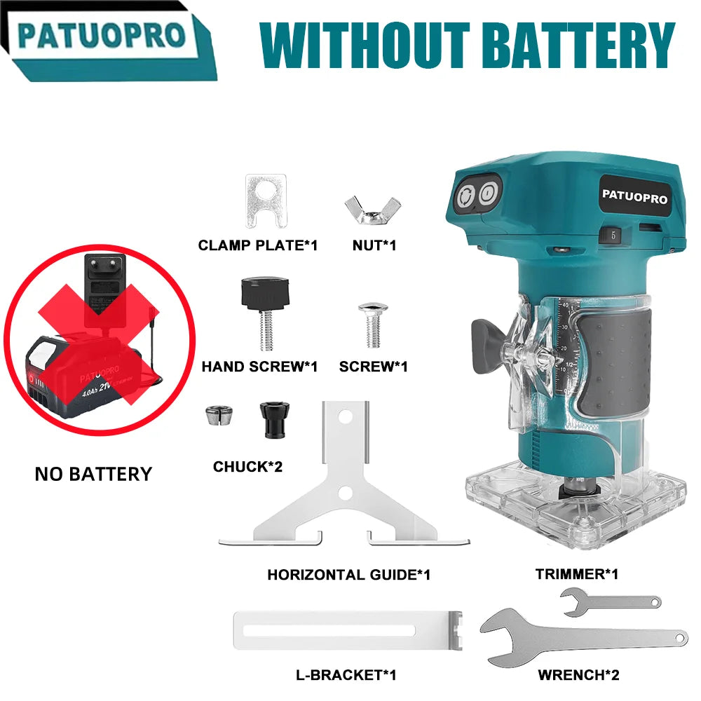 Affleureuse électrique sans balais, 5 vitesses avec 3 pinces de serrage, défonceuse à bois sans fil pour gravure et rainurage, compatible batterie Makita 18V