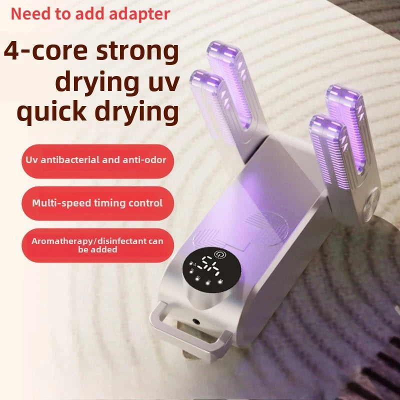 4-Core UV Shoe Dryer with 150W Deodorizing & Antibacterial Function, Multi-Speed Timing Control for Home Use