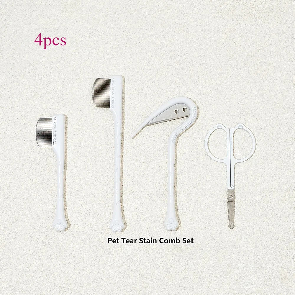 4pcs Pet Facial Cleaning Comb Set Removes Tear Stains Eye-poop Cat Paw Comb Dog Hair Repair Scissors Cat Hair Comb Pet Supplies