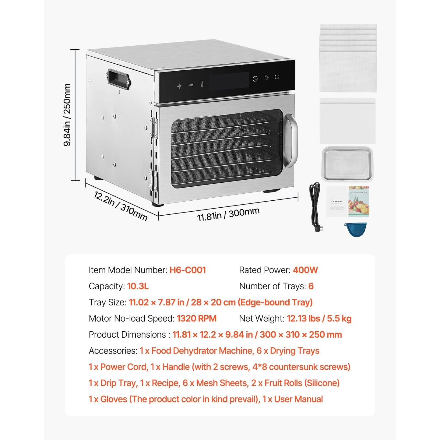 SucceBuy Food Dehydrator Machine 6 8 Stainless Steel Tray 400W Electric Food Dryer with Adjustable Temperature & 24-Hour Timer
