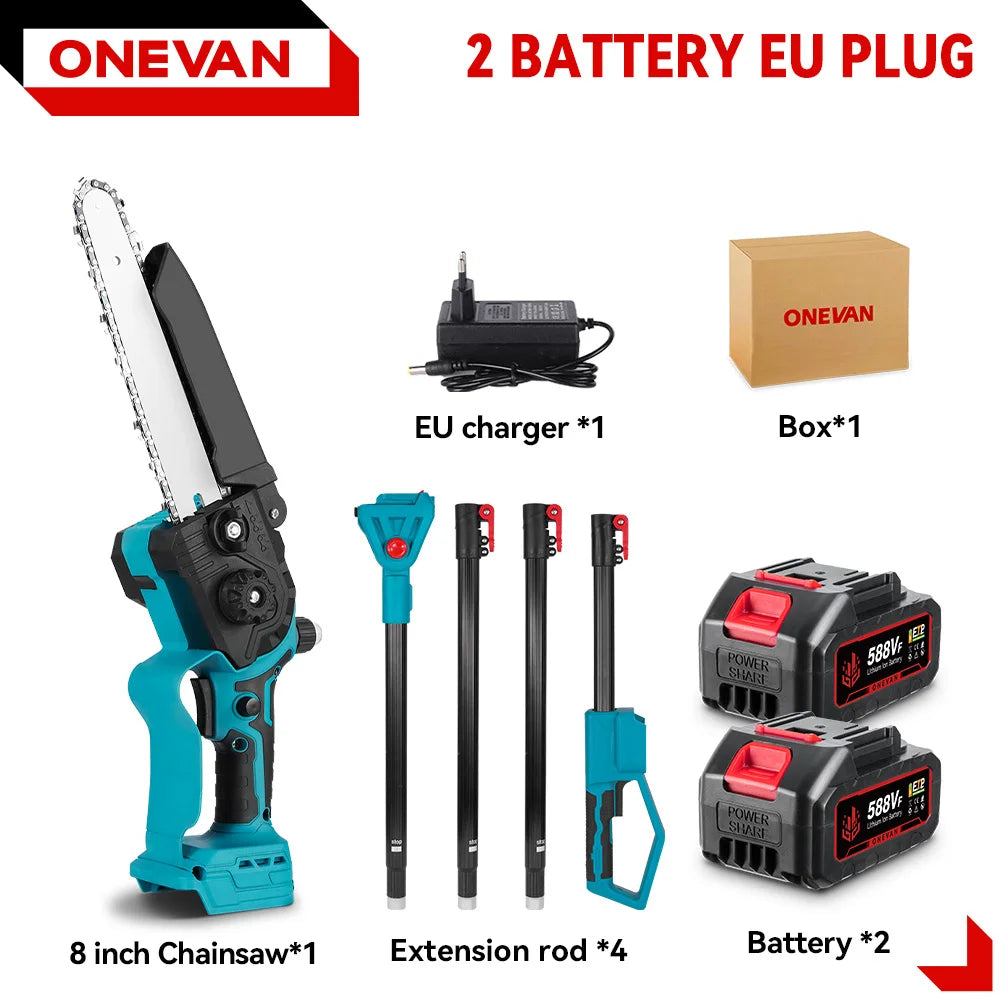 ONEVAN 8 inch borstelloze telescopische elektrische stokkettingzaag met oliepomp, takkenzaag voor hooggelegen takken, tuingereedschap voor 18V-accu