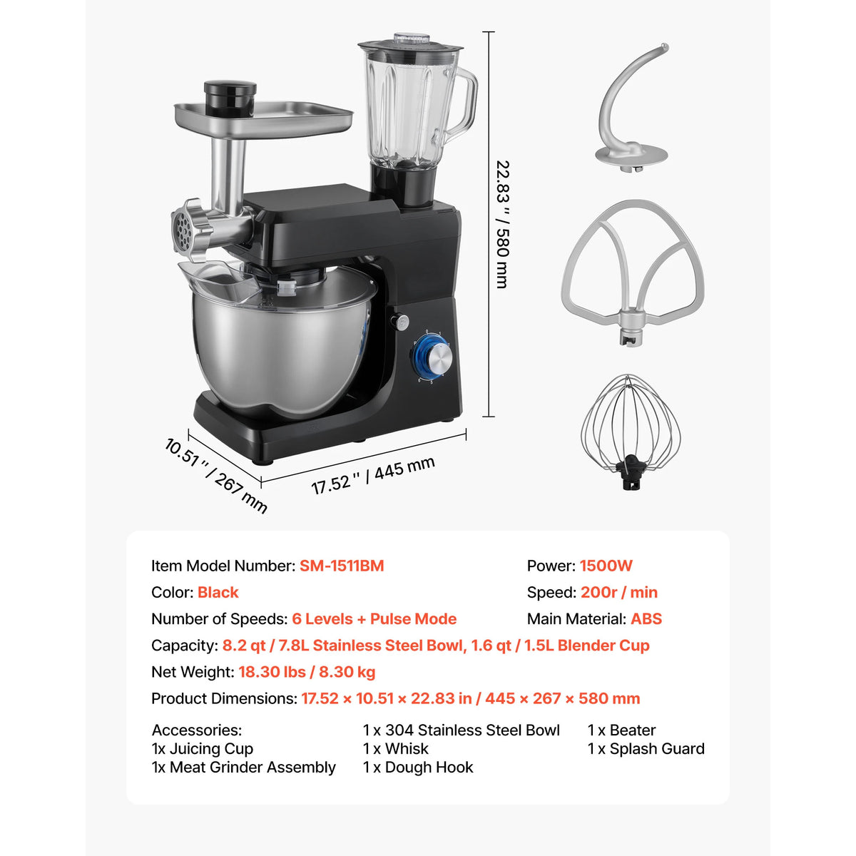 Robot pâtissier électrique SucceBuy 4,3 L, 5,7 L, 6 L, 7,8 L, 1500 W, pétrin, 6 vitesses + fonction Pulse, tête inclinable, avec blender de 1,5 L