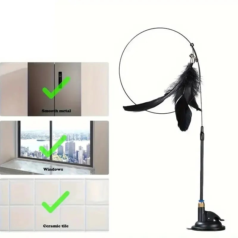 A suction-cup mounted cat toy with a feathered wand.