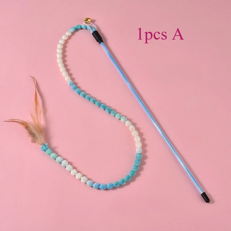 Lot de 3 jouets interactifs pour chat, canne à pêche arc-en-ciel pour chats et chatons d'intérieur, jouet teaser coloré avec ficelle, peluche et plumes