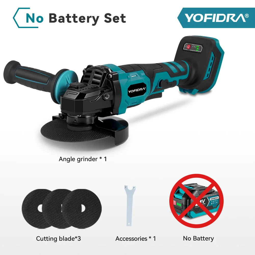 YOFIDRA 2in1 125mm Electric Brushless Angle Grinder 3Gears Woodworking Polisher Cutter Machine Power Tool For Makita Battery Pin