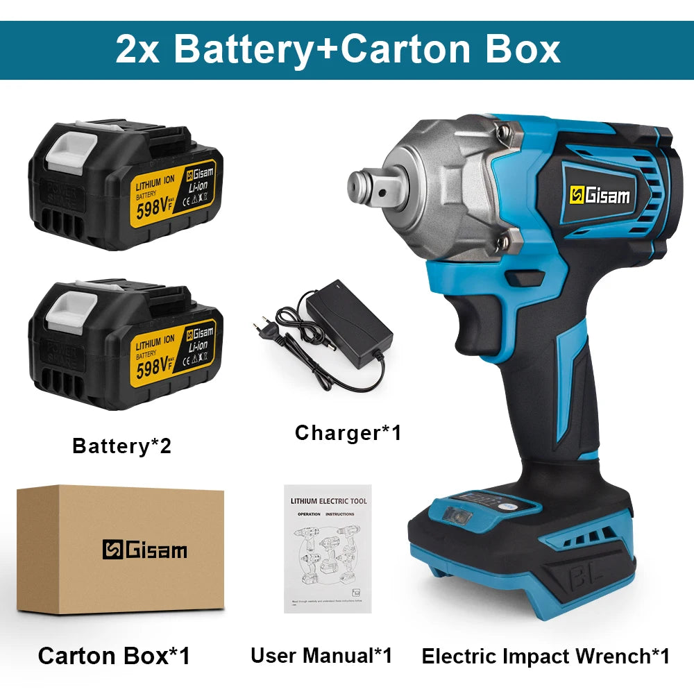 Gisam 1200NM Borstelloze Elektrische Slagmoersleutel Oplaadbaar 1/2" Autobanden Snoerloos Elektrisch Gereedschap voor Makita 18V Accu Pin