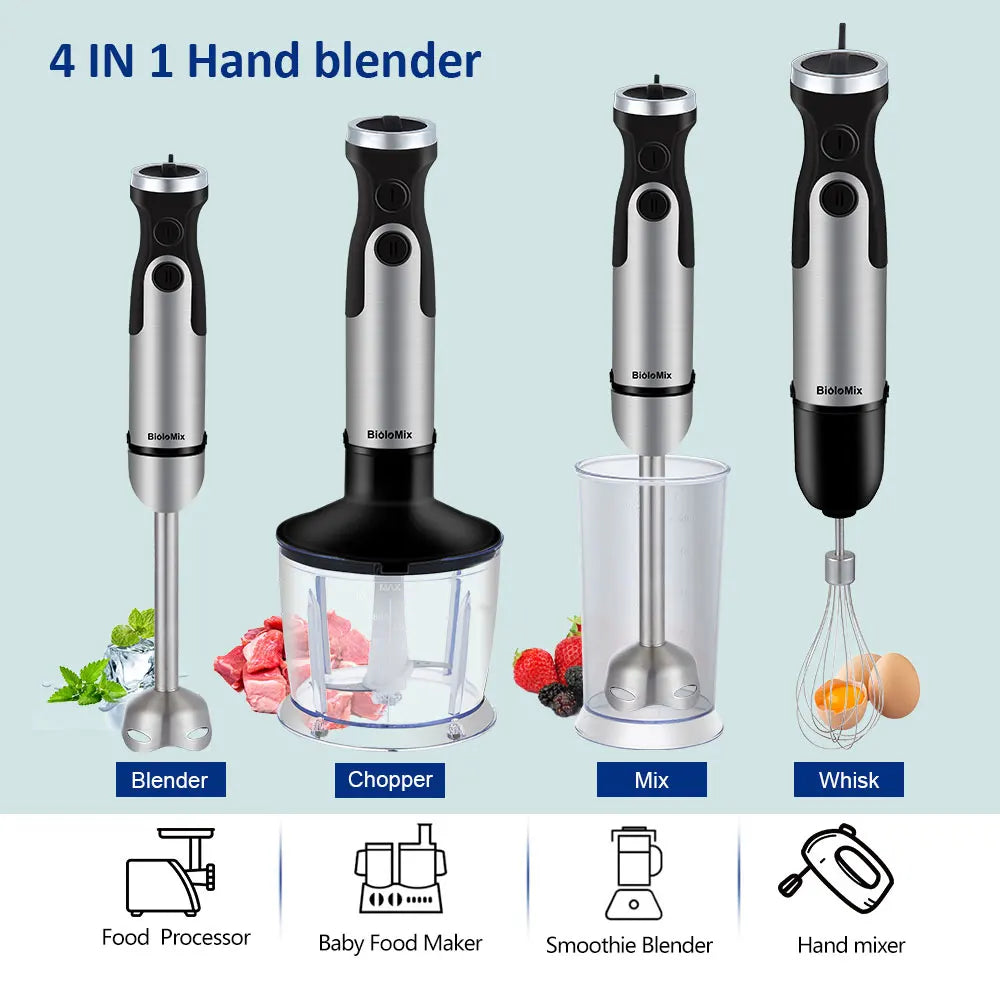 Mixeur plongeant 5-en-1 BioloMix 1200W, incluant hachoir à légumes, hachoir à viande, fouet et gobelet à smoothie