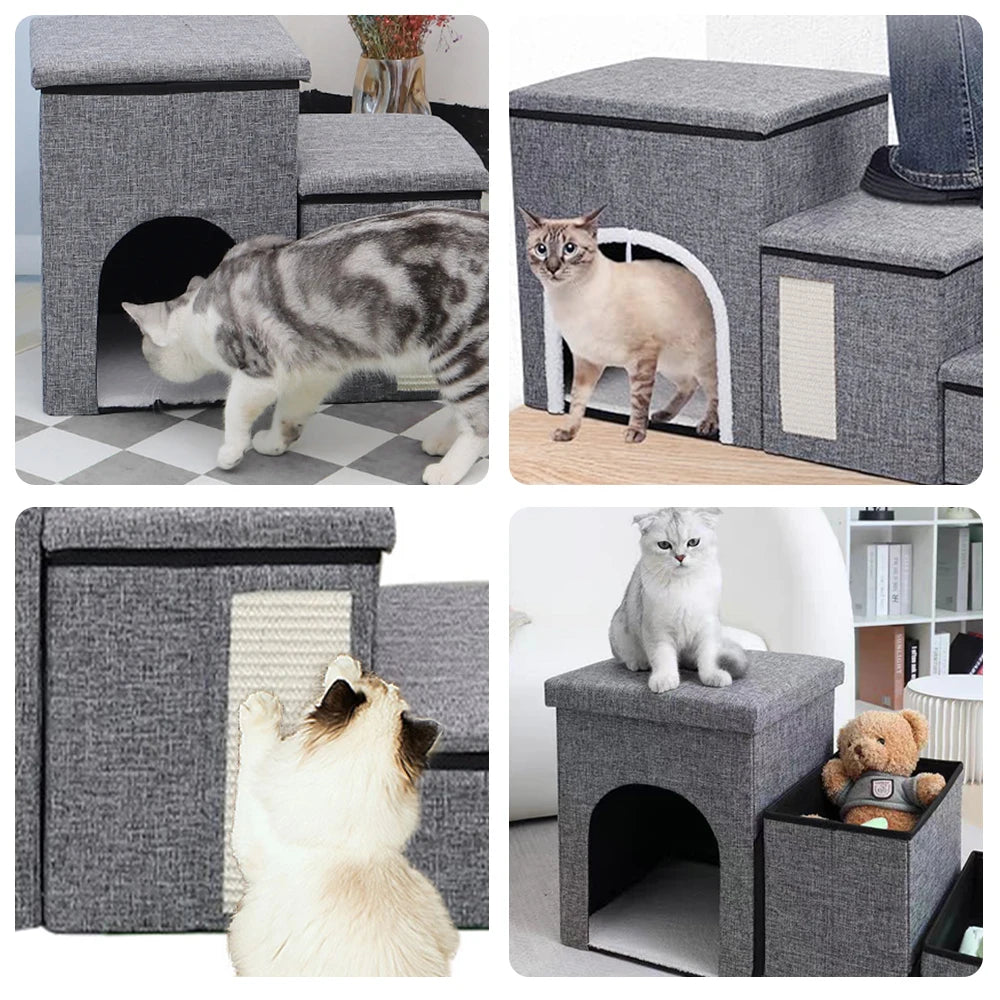 Foldable Pet Stairs with Storage Compartments, Non-Slip Wide Steps, Comfortable Dog Cave for Elderly Cats and Dogs Climb & Rest - Quality Shopping Centre