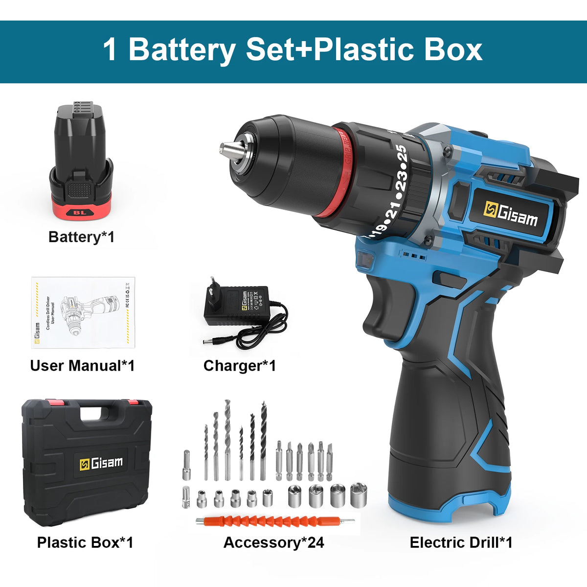Perceuse à percussion électrique sans balais Gisam 95NM, couple 25+3, tournevis électrique sans fil 3 en 1, outils électroportatifs pour le bricolage à domicile