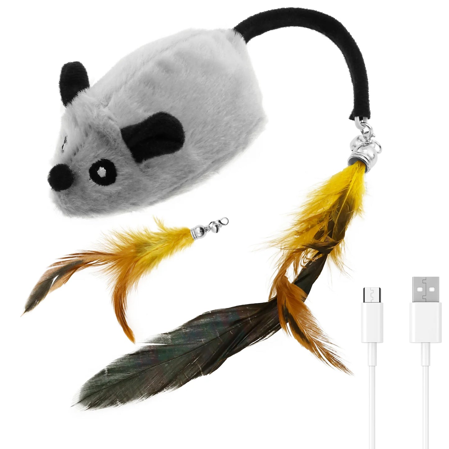 Grey plush mouse cat toy with detachable feathers and a USB charging cable.