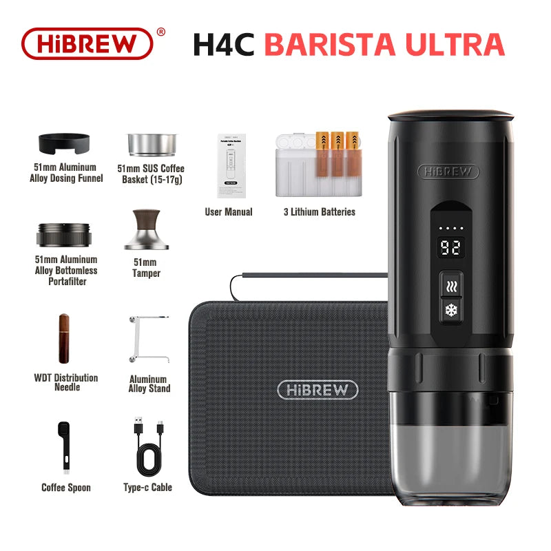 HiBREW H4C Machine à Café Expresso Portable Chauffage Sans Fil Batterie Amovible Extraction Sans Fond Café Moulu Barista