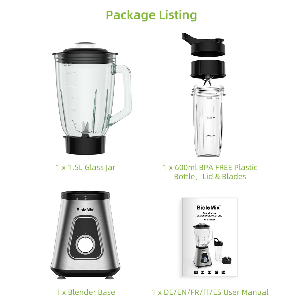 BioloMix professionele 1300W blender met 1,5L BPA-vrije glazen kan, perfect voor bevroren smoothies en zelfgemaakte sauzen
