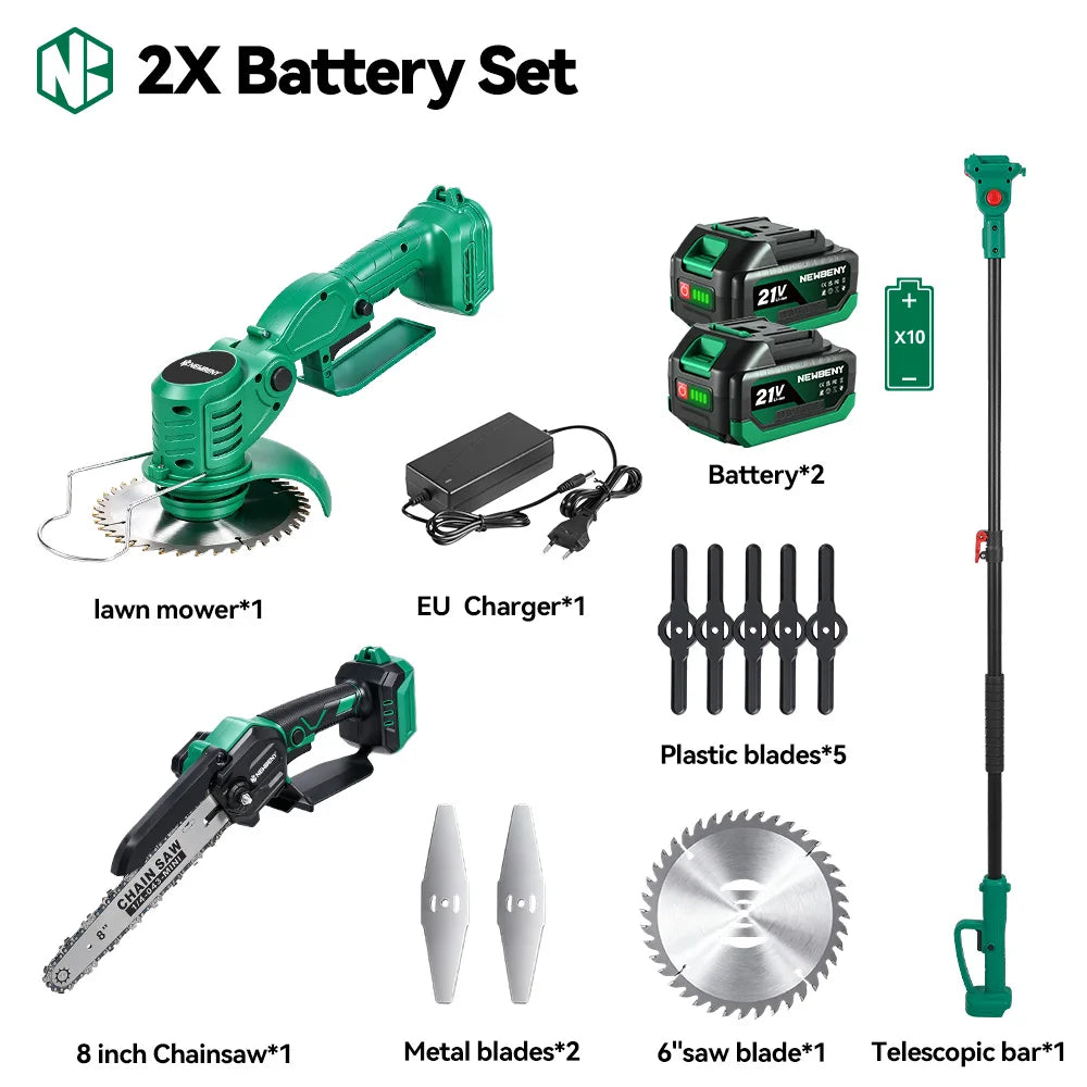 NEWBENY Ensemble d'outils de jardinage 3-en-1 : tondeuse à gazon sans fil, tronçonneuse électrique et coupe-bordures télescopique pour batterie Makita 21V
