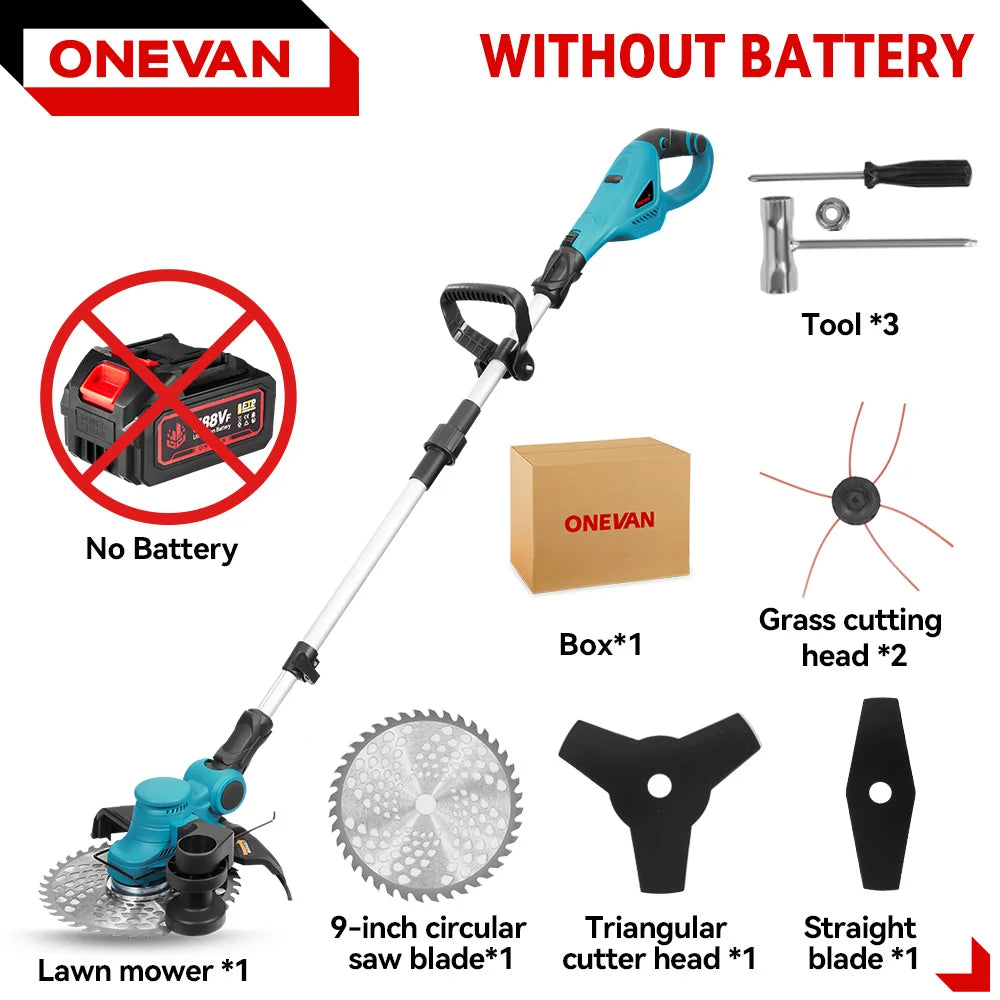 ONEVAN Borstelloze Elektrische Grasmaaier 36000RPM Grastrimmer 90° Verstelbaar Opvouwbaar Tuingereedschap voor Makita 18V Accu