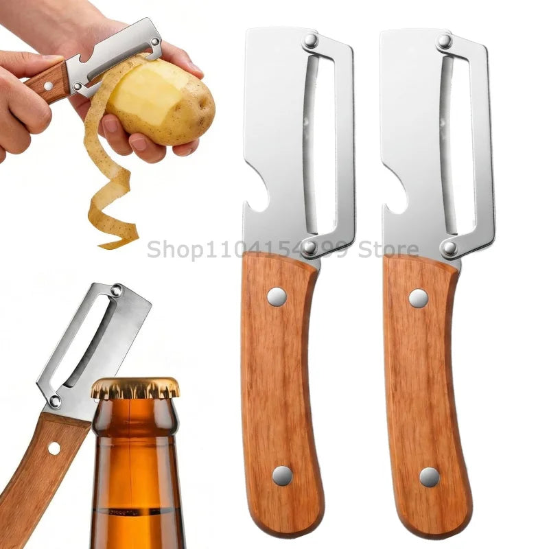 New Paring Knife Ergonomic Wood Handle Knife Stainless Steel Vegetable Peeler with Wooden Handle 2-in-1 Fruit Potato Peeler
