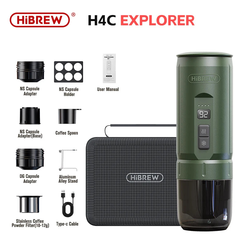 HiBREW H4C Draagbare Espressomachine 3-in-1 Koffiezetapparaat voor op reis, 7500mAh Lithium-accu, zelfverwarmend, geschikt voor NS/DG-capsules & gemalen koffie