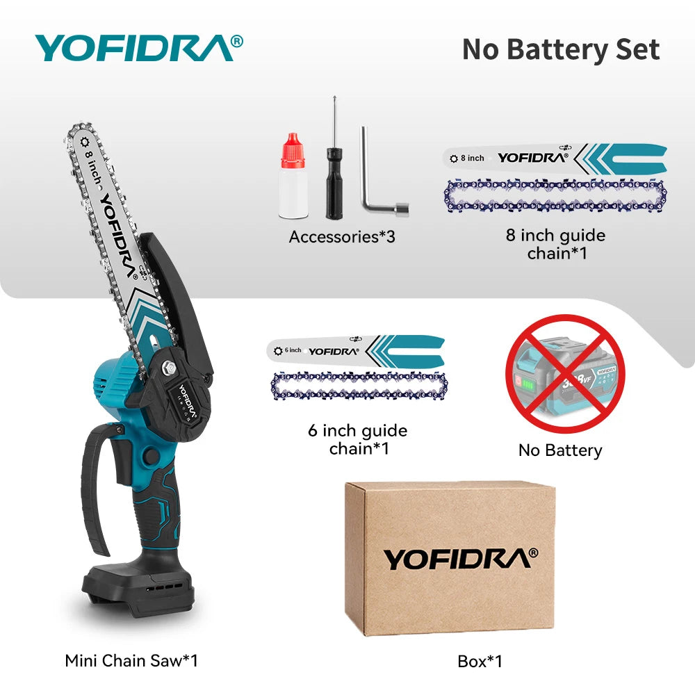 YOFIDRA 6 & 8inch Brushless Electric Chainsaw Cordless Woodworking Pruning Saw Garden Cutting Power Tool For Makita Battery Pin