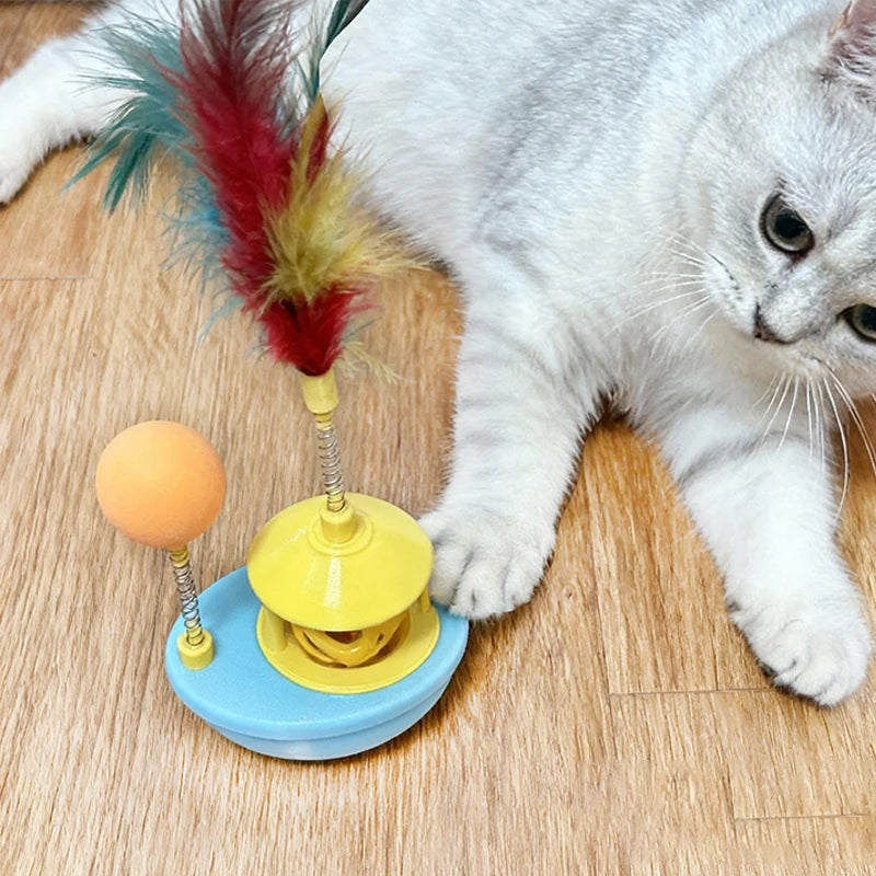 Interactive Cat Tumbler Toy with Bell Ball Funny Pet Feather Toy for Cats Kitten Turntable Toy Cat Accessories