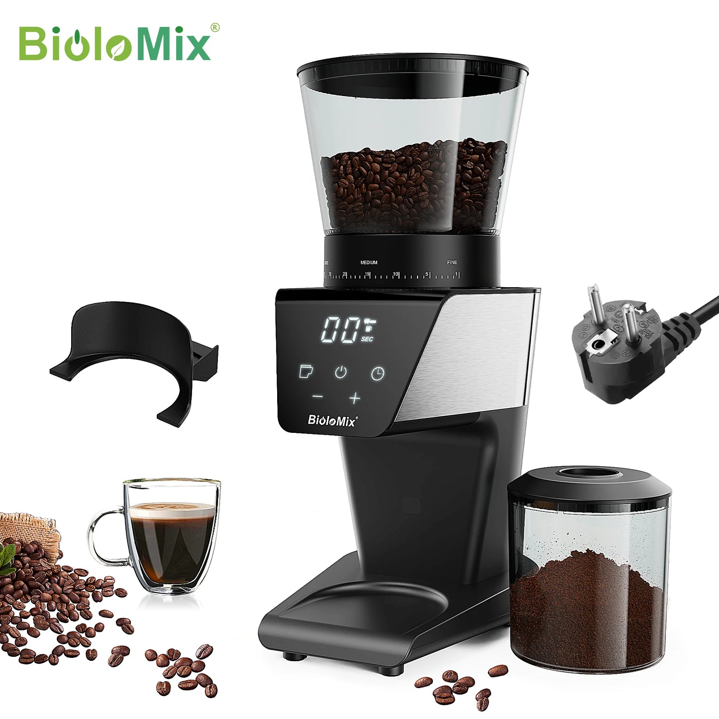 BioloMix Electric Coffee Grinder with Magnetic Ring - 30 Precise Grind Settings for Espresso, American, and Pour Over Coffee