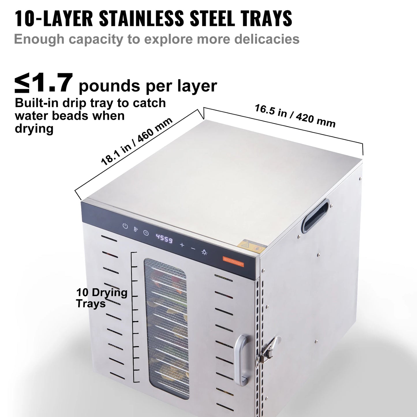 SucceBuy Food Dehydrator Machine 10 Stainless Steel Trays Electric Food Dryer with Digital Adjustable Timer & Temperature