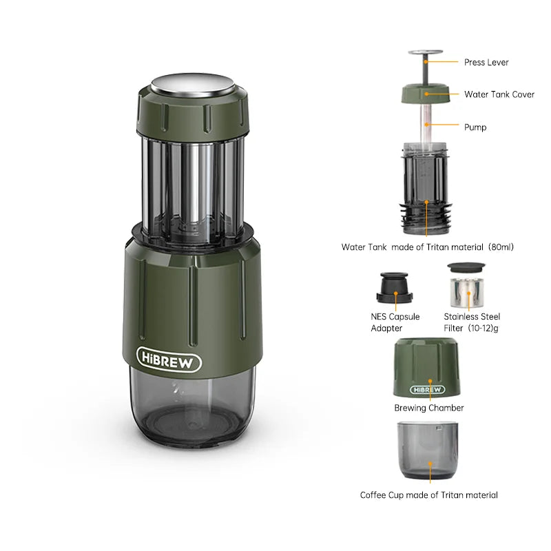 Machine à café portable 2 en 1 HiBREW, cafetière expresso manuelle eau chaude/froide pour capsules et café moulu, H4D