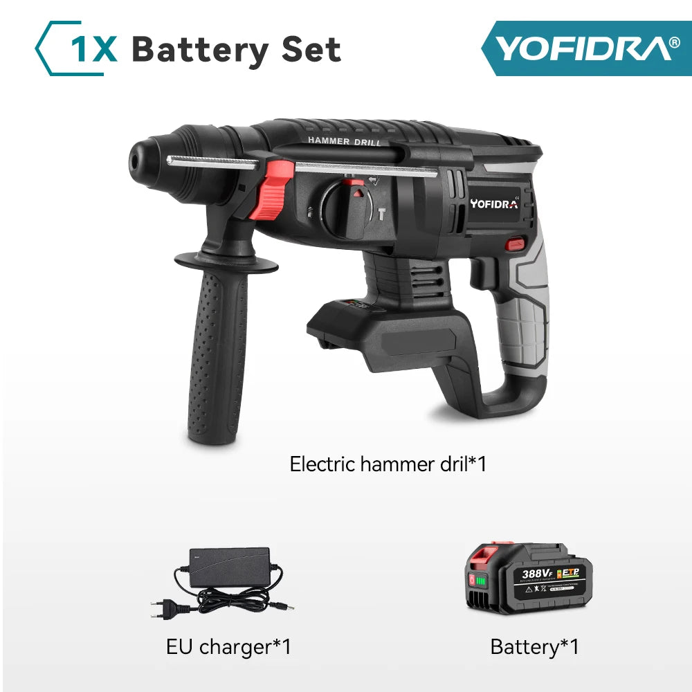 YOFIDRA 1680W Brushless Electric Hammer Cordless Multi-function Drilling Impact Drill Rotary Power Tool For 21V 18V Battery