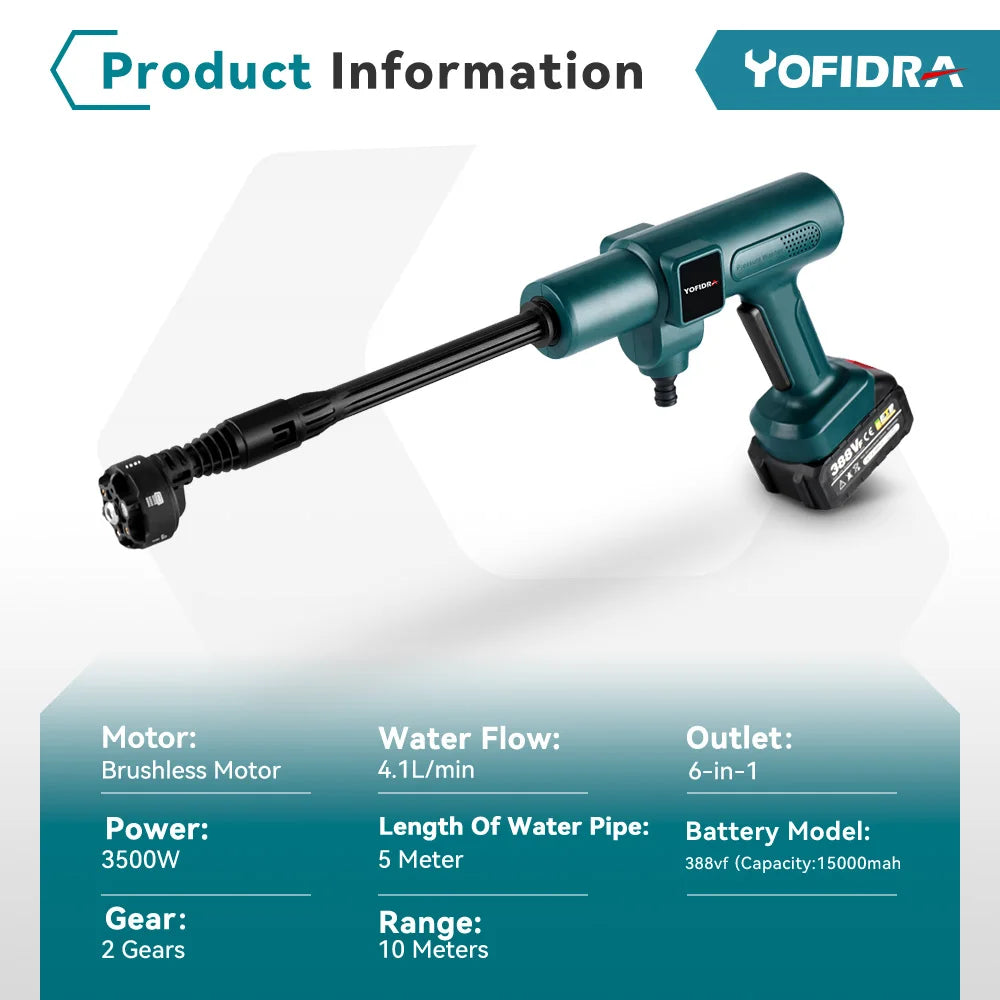 YOFIDRA 3500W 200Bar Borstelloze Hogedrukreiniger 6-in-1 Snoerloos Elektrisch Autowaspistool voor Makita Accu