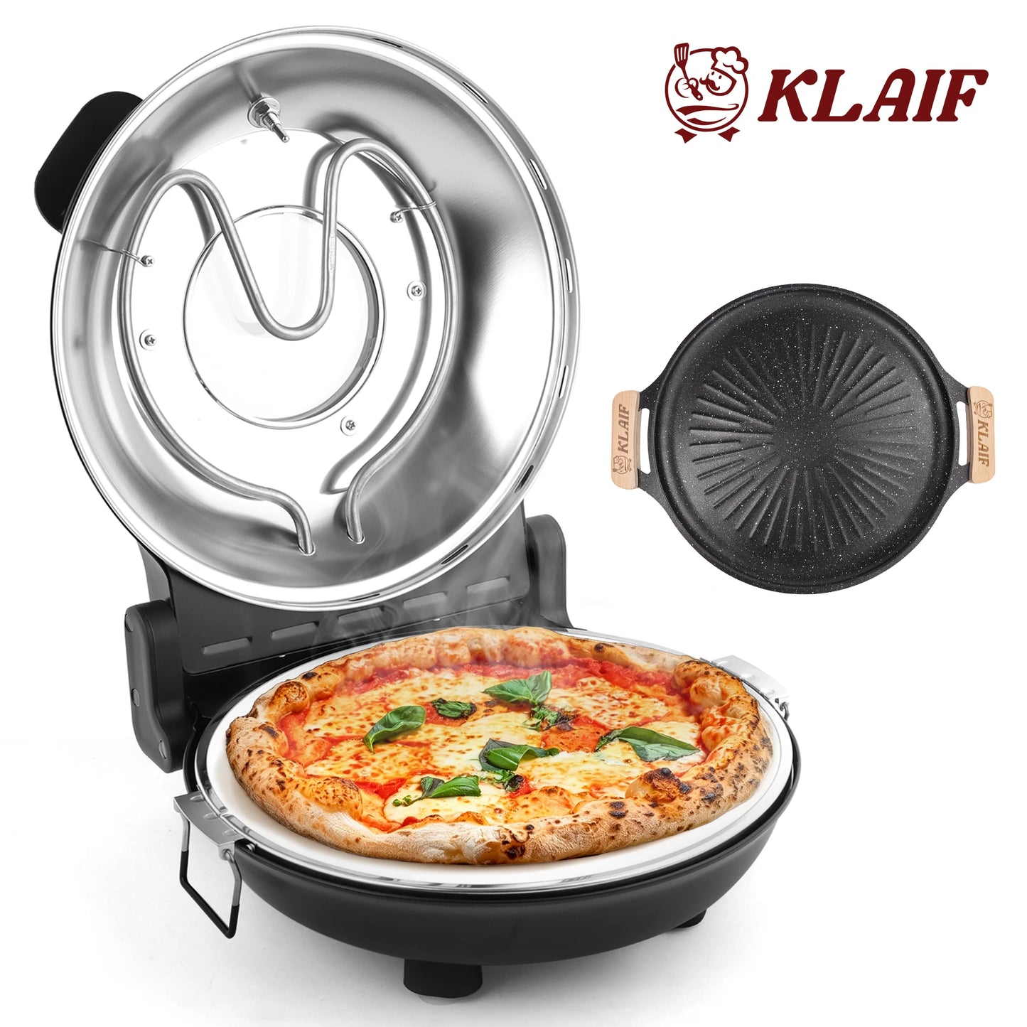Household Electric Pizza Maker Oven Dual Independent Temp Control 420℃ Max Heat With 2Pcs 12" Plates Pizza Stone And Mineral Stone Grill Pan For Home Cooking