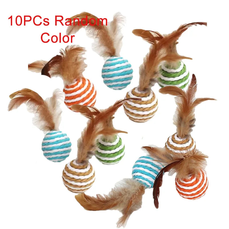 3/5/10 PCs Cat Feather Toys Interactive Cat Sisal Balls Funny Kitten Tease Toy Random Color Pet Cat Boredom Relief Toys