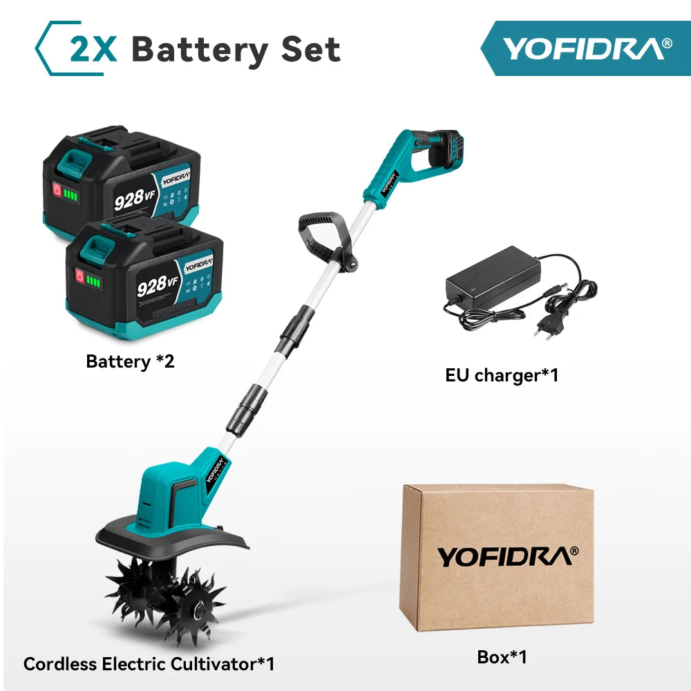 YOFIDRA Garden Electric Tiller Cultivator Portable Cordless Lawn Mower Grass Trimmer Soil Turning Power Tool for Makita 18-21V Battery Pin