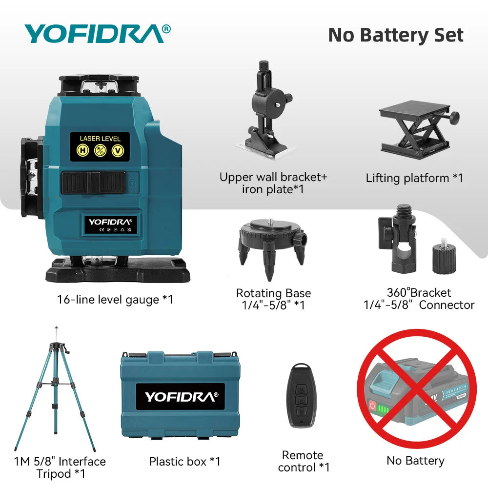 YOFIDRA 4D 16-lijns laserwaterpas zelfnivellerend 360° horizontaal verticaal nivelleergereedschap met 1M statief voor Makita 21V accu