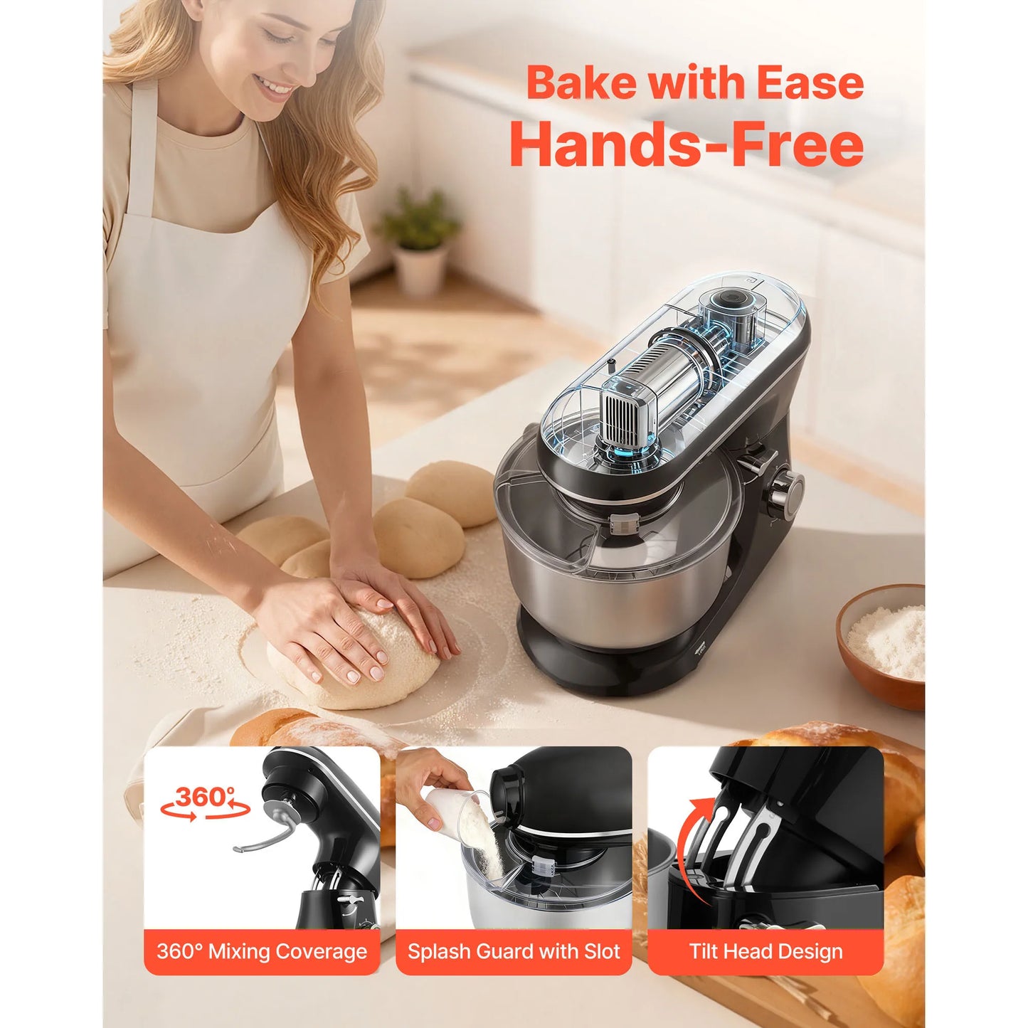 SucceBuy Stand Mixer Household Black 6 QT Dough Mixer with Stainless Steel Bowl Dough Hook Silicone Scraper for Baking & Mixing