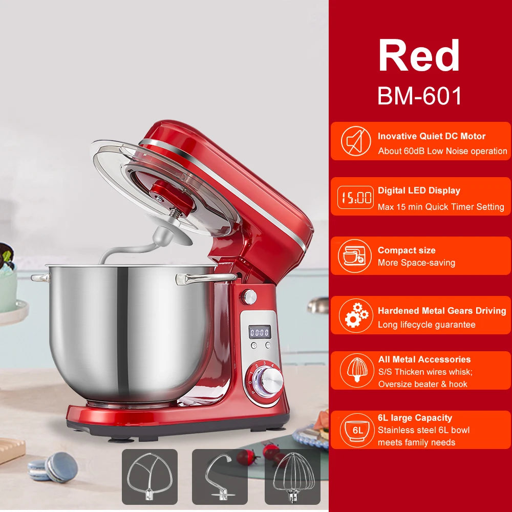 Robot pâtissier multifonction BioloMix 6 vitesses, moteur silencieux 1200W CC, bol en acier inoxydable de 6L avec fouet, batteur et crochet pétrisseur
