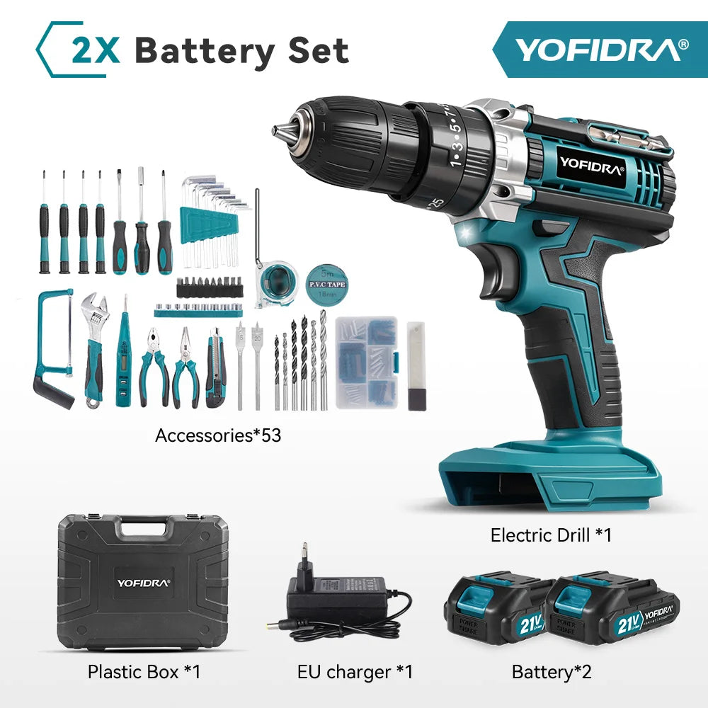 YOFIDRA 25+3 Torque Cordless Electric Impact Drill Multifunction Screwdriver Househeld DIY Power Tool For Makita 21V Battery Pin